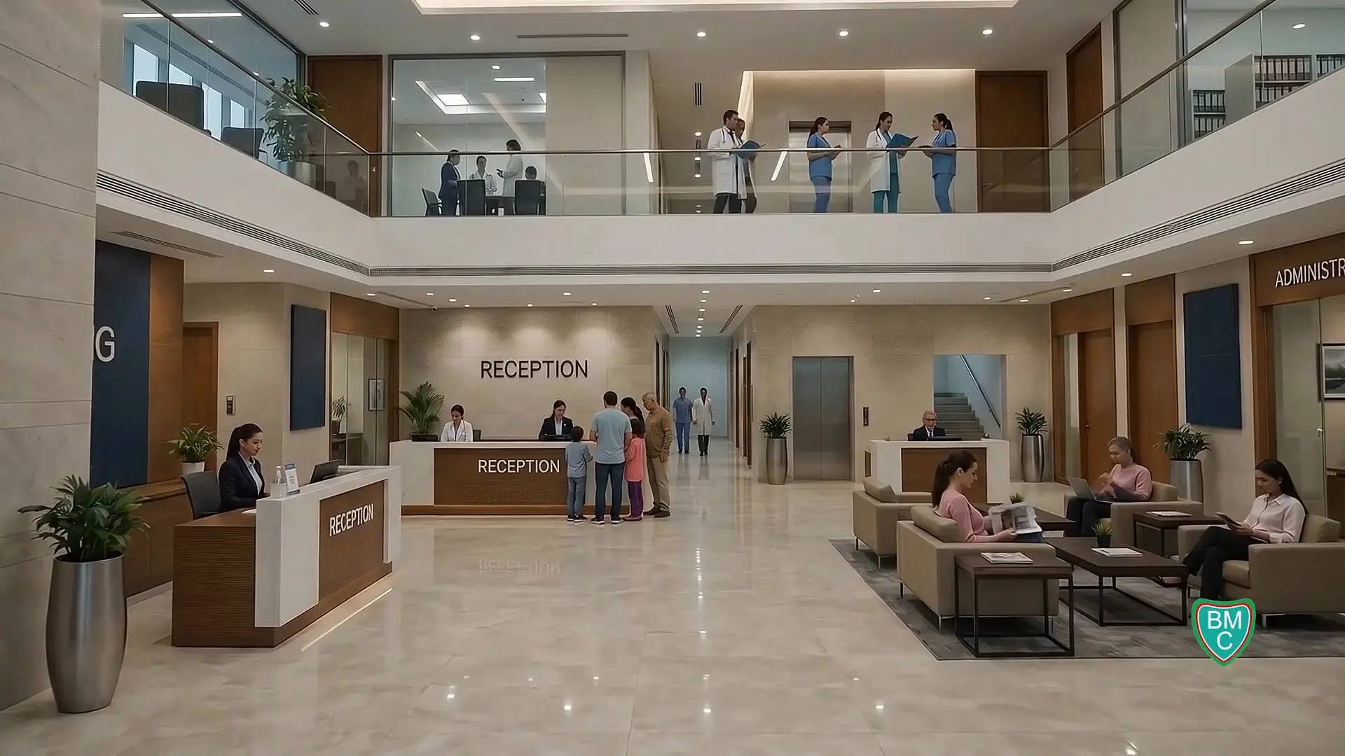 Architectural visualisation of the proposed hospital’s spacious reception atrium and connected levels