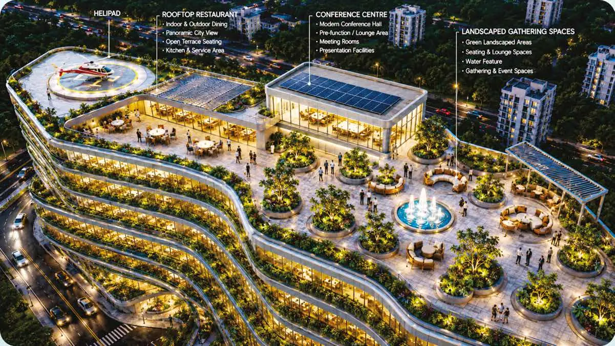 Brochure architectural concept showing proposed rooftop facilities