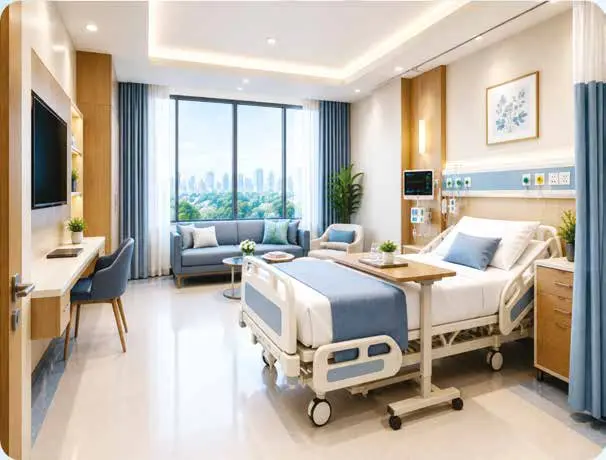 Proposed single patient cabin with a bed, visitor seating and daylight